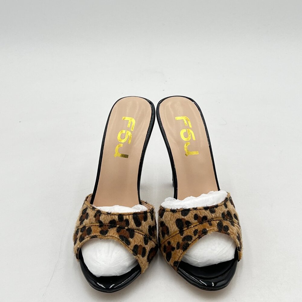 FSJ Leopard Comfort High Heel Sandals Mules Peep Toe Slide Summer Dress Shoes - Picture 3 of 8